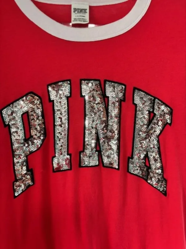 Victoria’s Secret PINK Red White Contrast Trim Sequin Graphic Tee L Ringer Bling - Image 2