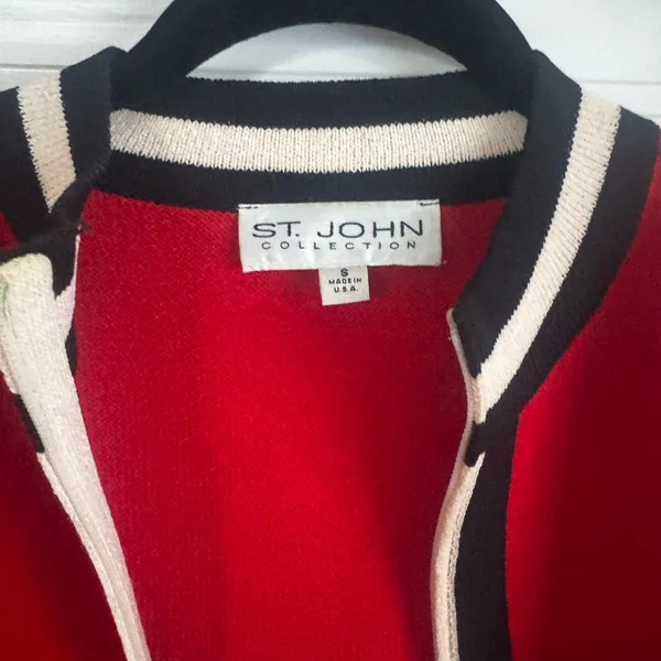 St. John Collection Red Knit Open-Front Jacket with Black and Cream Trim - Image 5