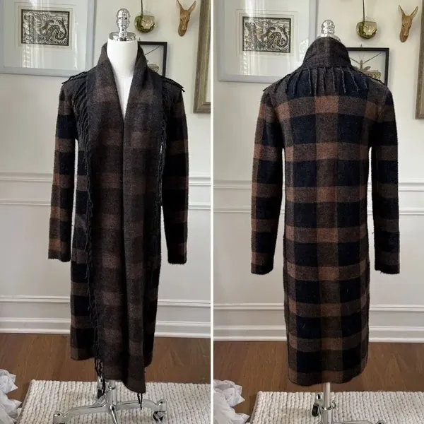 Lysse Alice Fringe Cardigan Sweater Coat Brown Black Buffalo Check $198 XXS XS S - Image 2