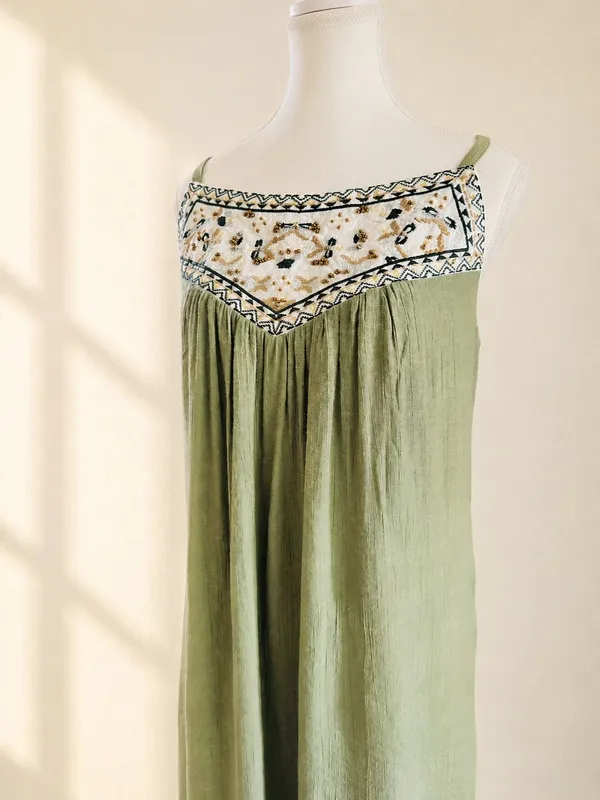 Westport Sage Green Embroidered Boho Dress L - Image 3