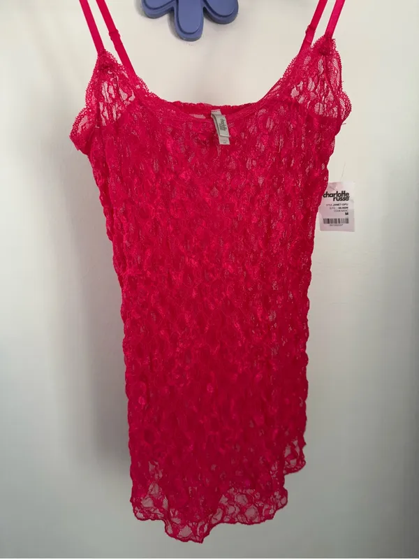 Charlotte Russe Medium NEW Hot Pink Lace Top Slim Fitted Y2K Rave Festival - Image 6