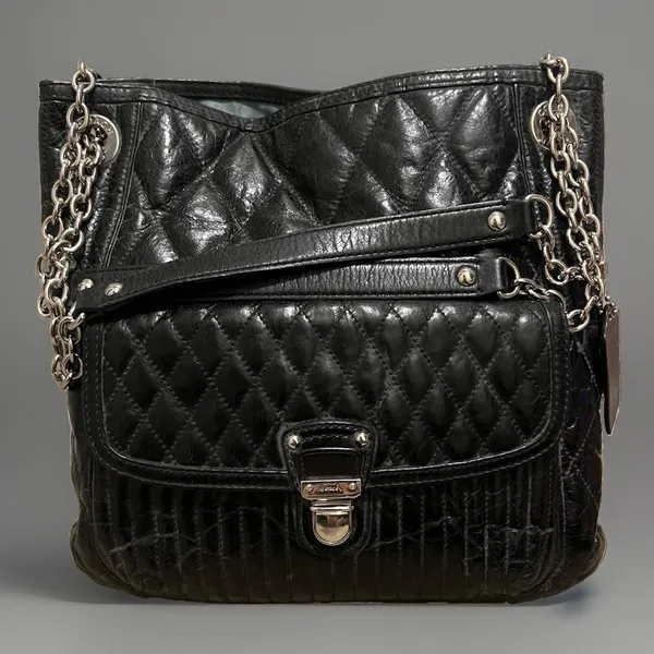 Vintage Coach Poppy Leather Slim Tote Bag‎ Sliding Chain Strap Purse Handbag Blk - Image 2