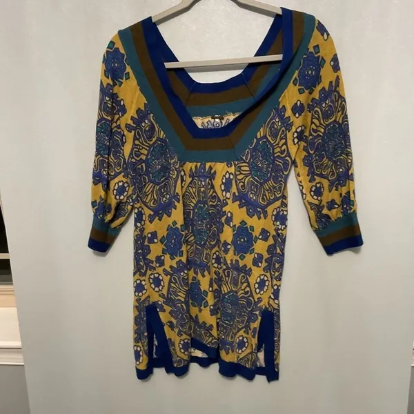 Free People Yellow Blue Medallion Print Tunic Mini Dress Boho Knit Small - Image 2
