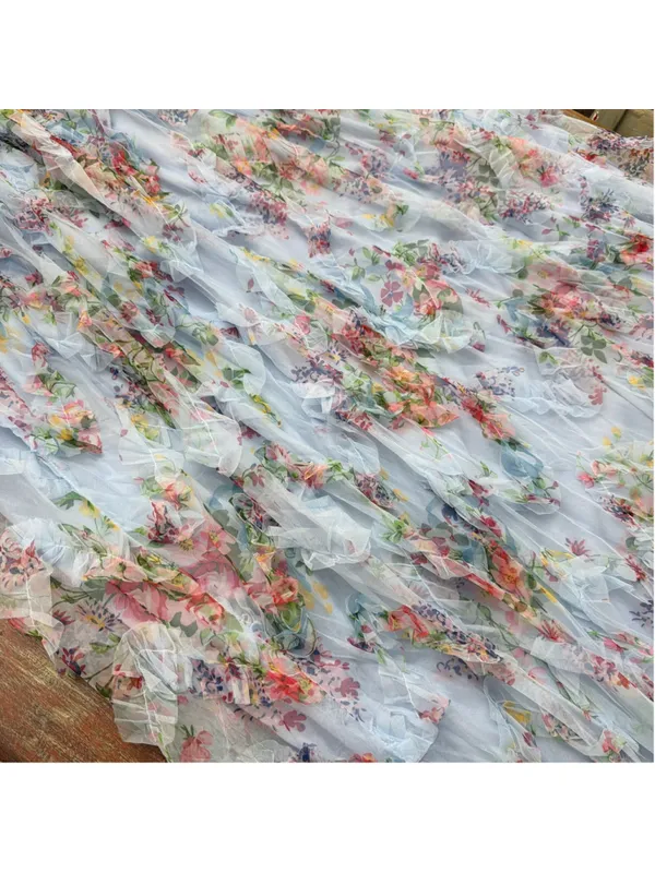 DressAlisa Light Blue Floral Mesh Tiered Ruffle Maxi Dress Strapless NWOT Large - Image 5