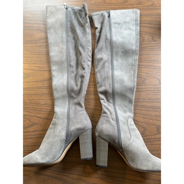 Grey Suede Over The Knee Block Heel Boots Pointed Toe Side Zip Tall‎ Boots - Image 7