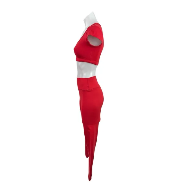 Set Active Red Short Sleeve Scoop Neck Crop Top Leggings Athletic Set Size S - Image 2