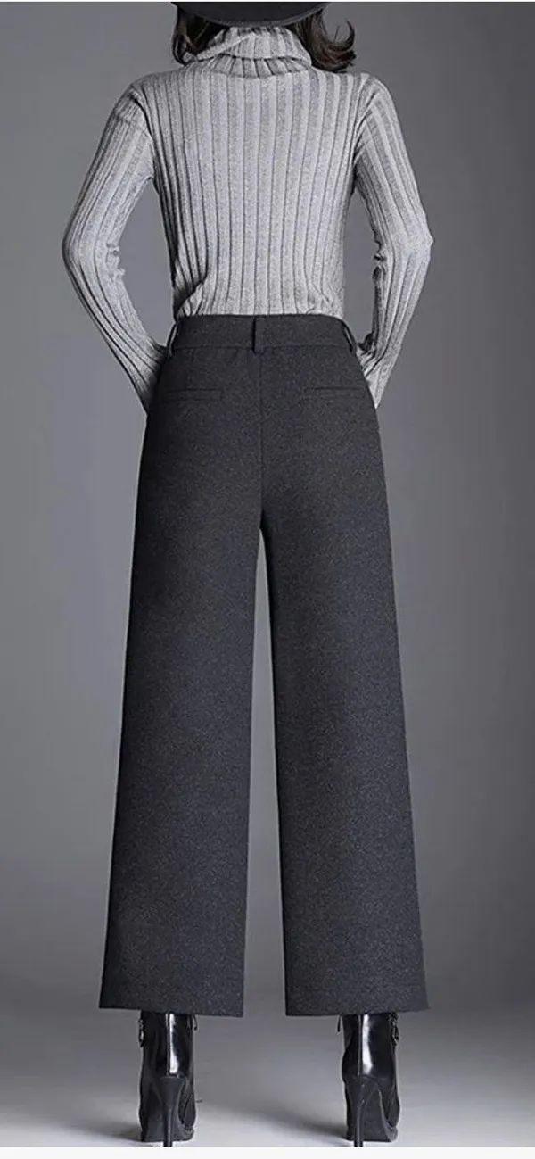 Tanming Women's Casual High Waist Trousers Wool Blend Cropped Wide Leg Pants - Image 6