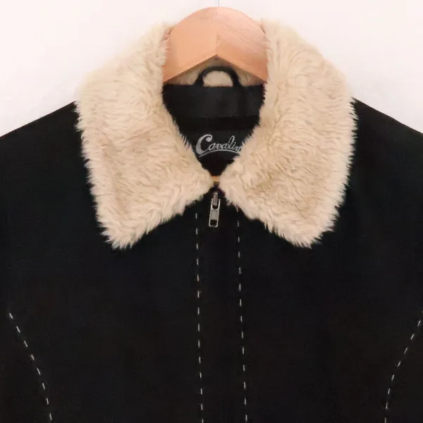 Cavalini Y2K Suede Leather Jacket Vintage Womens Size M‎ Black Faux Fur Trim - Image 7