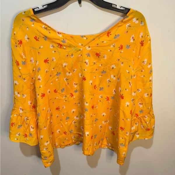 Madewell Silk Painted Carnations Floral‎ Ruffle Sleeve Blouse Gold Yellow - Image 4