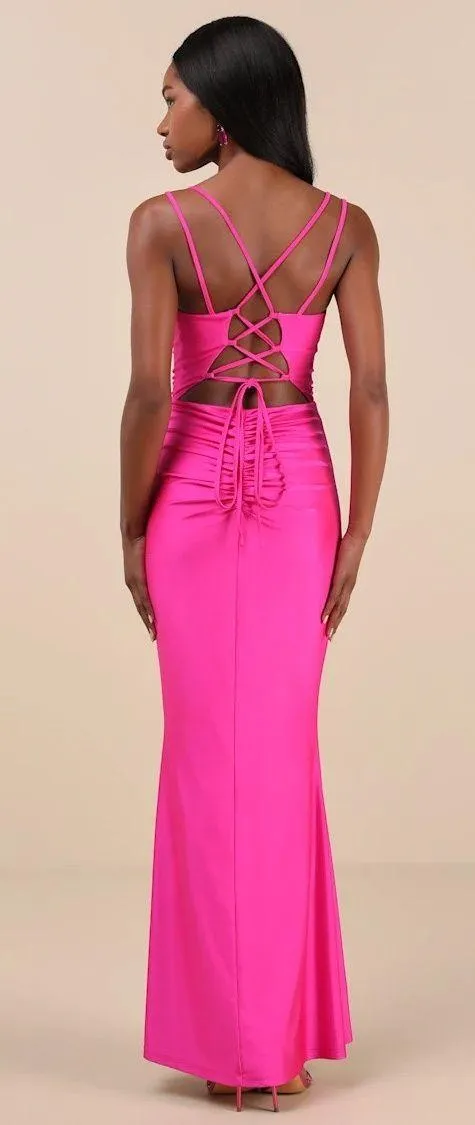 Jadine Hot Pink Slinky Knit Ruched Lace-Up Mermaid Maxi Dress - Image 2