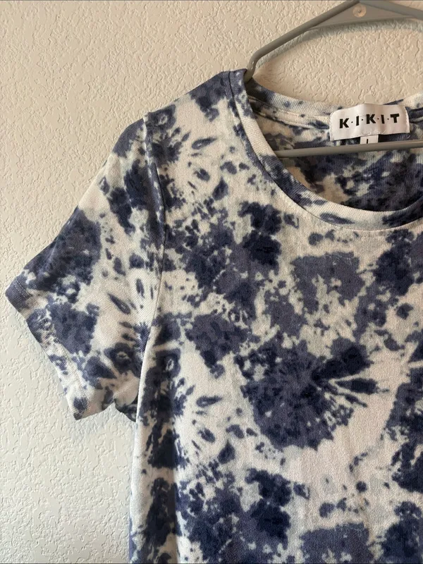 Blue and white Tie-Dye Midi Dress - Short Sleeve scoop neck Large - Image 4