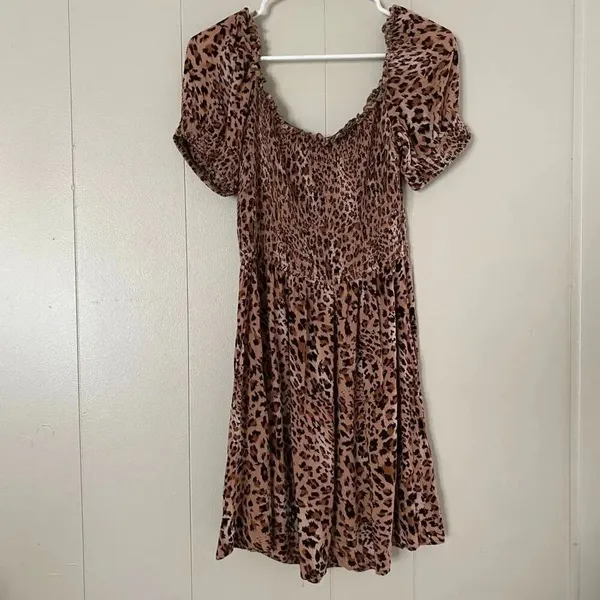 Express Leopard Print Dress Small Smocked Puff Sleeve Fit & Flare Brown Animal P - Image 2