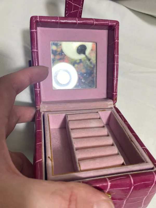 Pink Faux Croc Travel Jewelry Box Case Organizer Ring Holder Mirror Compact - Image 6