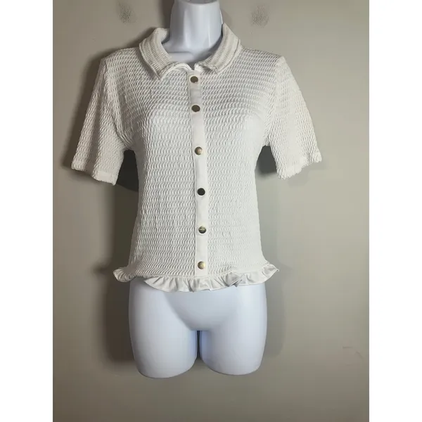 Loft White Smocked Short Sleeve Button Front Polo Cardigan Ruffle Hem Top S SP25 - Image 2