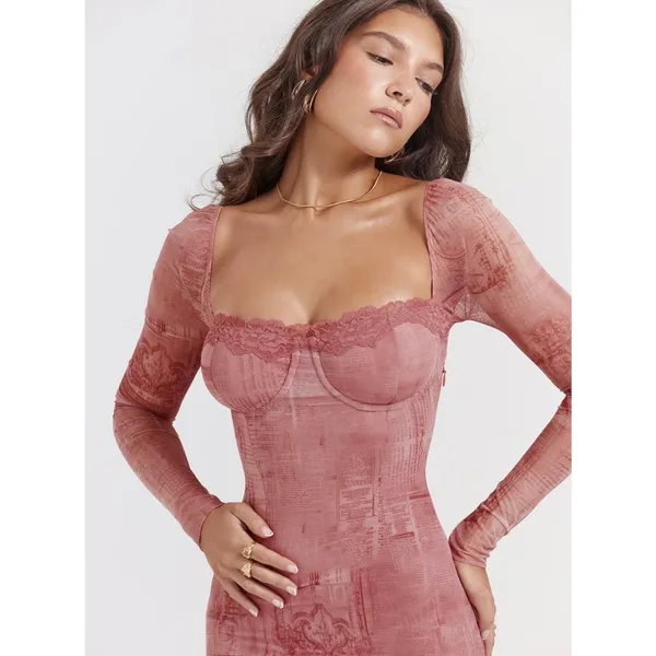 House of CB Seraphina Pink Print Corset Bodycon Midi Dress - Image 2