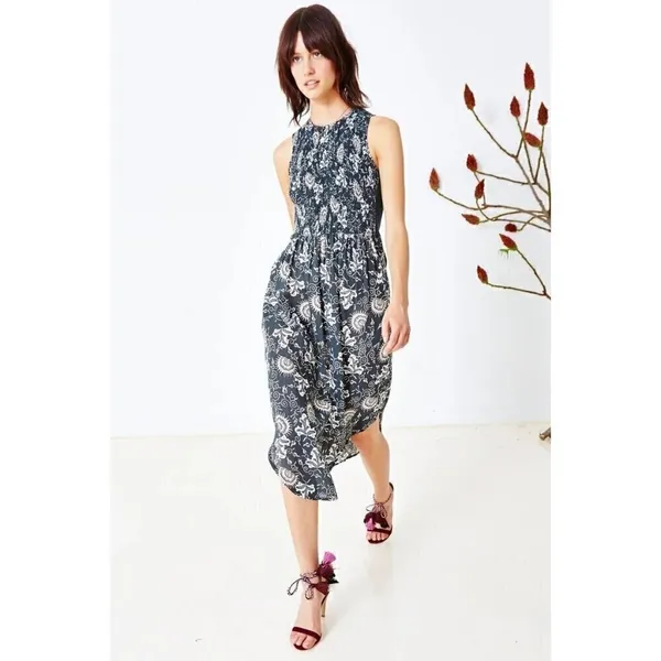 Ulla Johnson‎ Gili Gray & White Floral Smocked Midi Dress 4 - Image 5