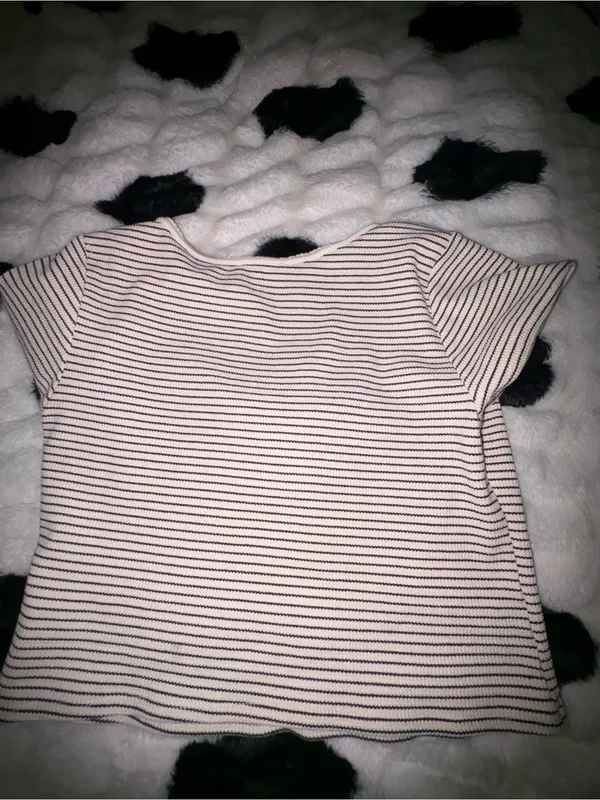 Striped Short Sleeve Henley Top in Cream and Black - Image 2