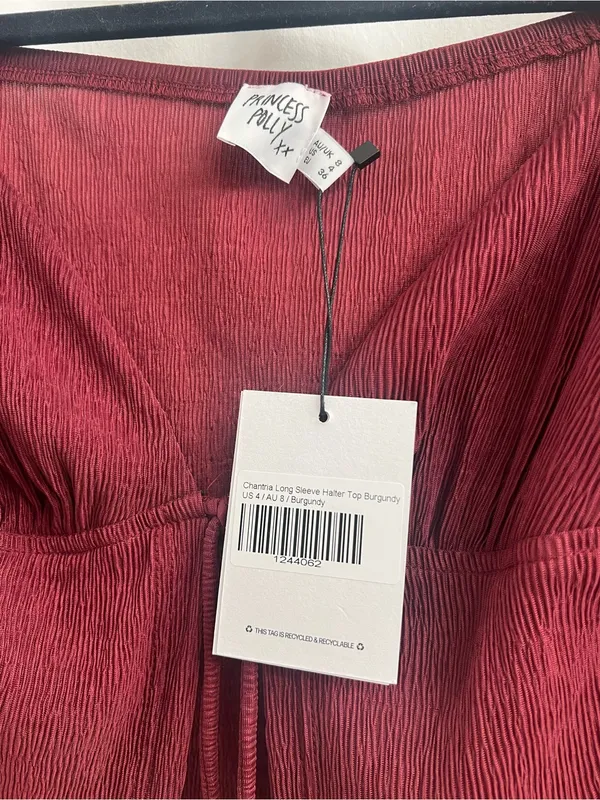 Princess Polly Burgundy Chantria Tie-Front Long Sleeve Crop Top - Image 4