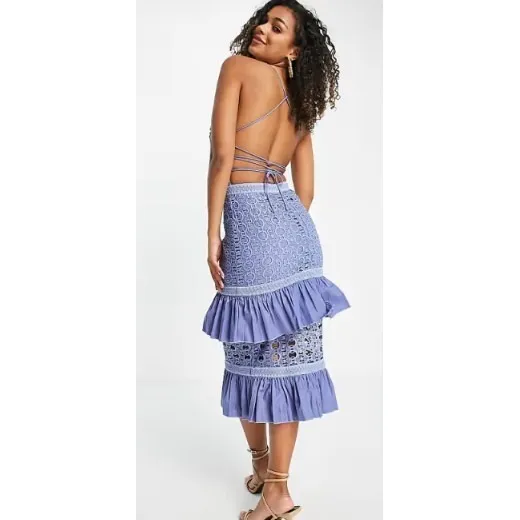 ASOS Blue Crochet Lace Mini Dress Ruffle Tiered Lace Up Open‎ Back Size 4 - Image 2