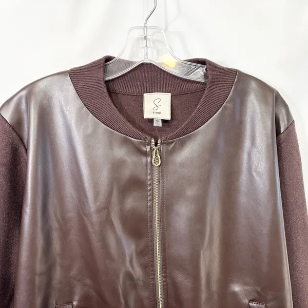 Sioni Bomber‎ Jacket Womens XL Brown Faux Leather Knit Classic Chic Edgy 1502 - Image 3