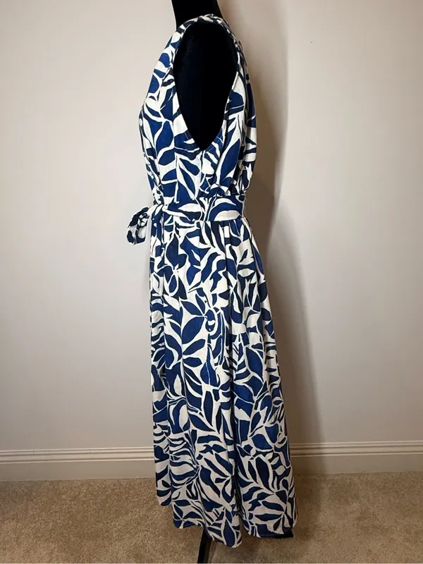 Emma & Michelle Linen-Look Blue White Abstract Botanical Leaf Print Dress L EUC - Image 4
