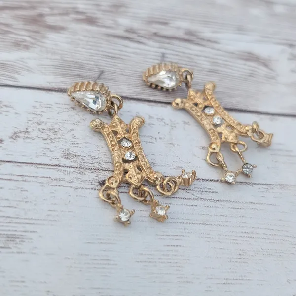 Vintage Earrings for Pierced Ears Ornate Gold Tone & Clear Gem Statement Dangle - Image 2
