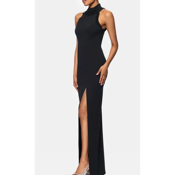 Xscape Black Halter Neck‎ Ruffle High Slit Maxi Evening Gown Dress Sz 12 - Image 3