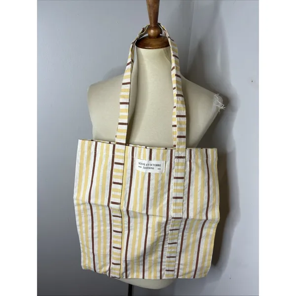 Sézane et Octobre Editions Cotton Tote Bag Tall Brick Stripe Print Yellow Brown - Image 4
