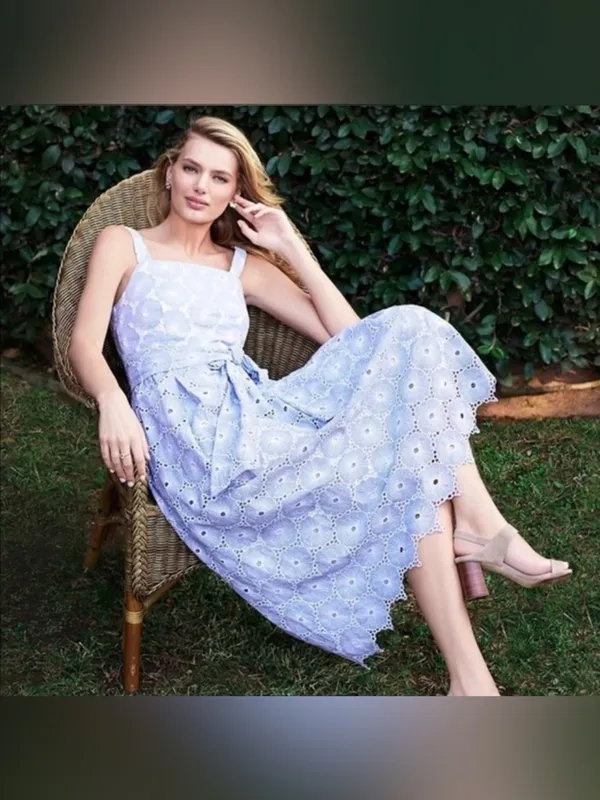 NWT ANTONIO MELANI Light Blue Eyelet Midi Dress with Waist Tie - Image 4