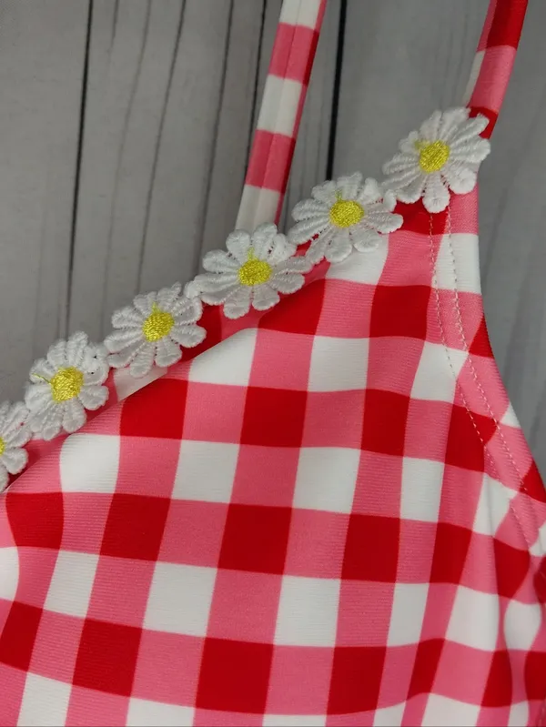 No Boundaries Red & White Underwire Gingham One-Piece Swimsuit with Daisy Trim - Image 3