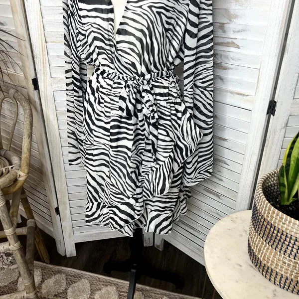 PRINCESS POLLY Women's 10 Marty Long Sleeve Faux Wrap Mini Dress Zebra Belted - Image 9