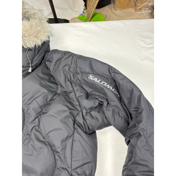 Salomon women black short puffer coat, fur lined hood. Size S. down filled. - Image 2