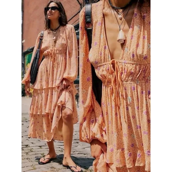 Free People Bohemian Gypsy Tiered Ruffle Maxi Dress Size Large Plunge Billowy - Image 3