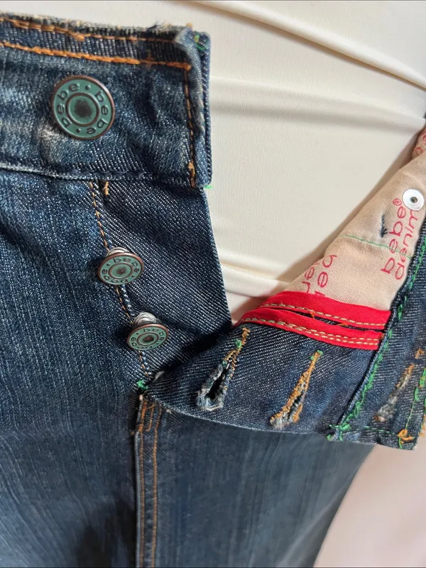 bebe vintage long denim skirt beaded Logo Dark raw edging Denim button fly - Image 6