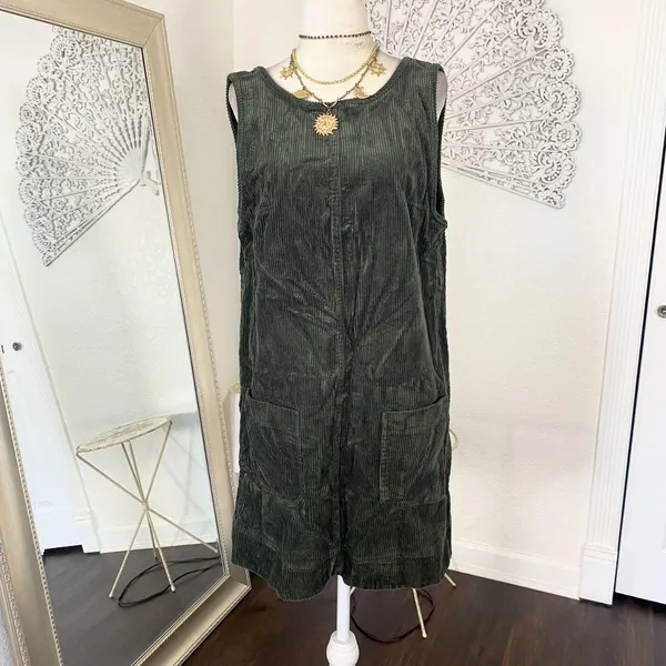 Source Unknown Y2K Corduroy Overall Dress Open Back Cute Pockets M Dark Green NEW - Image 4