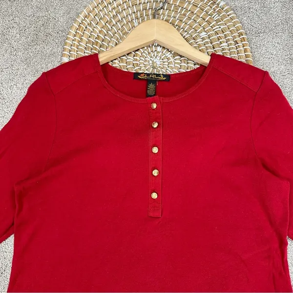 Lauren Ralph Lauren Henley Top Shirt Longsleeve Cotton Logo Embroidery in Red L - Image 3