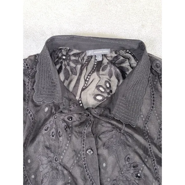 adrianna papell black sheer blouse button up black floral eyelet detail xl‎ - Image 3