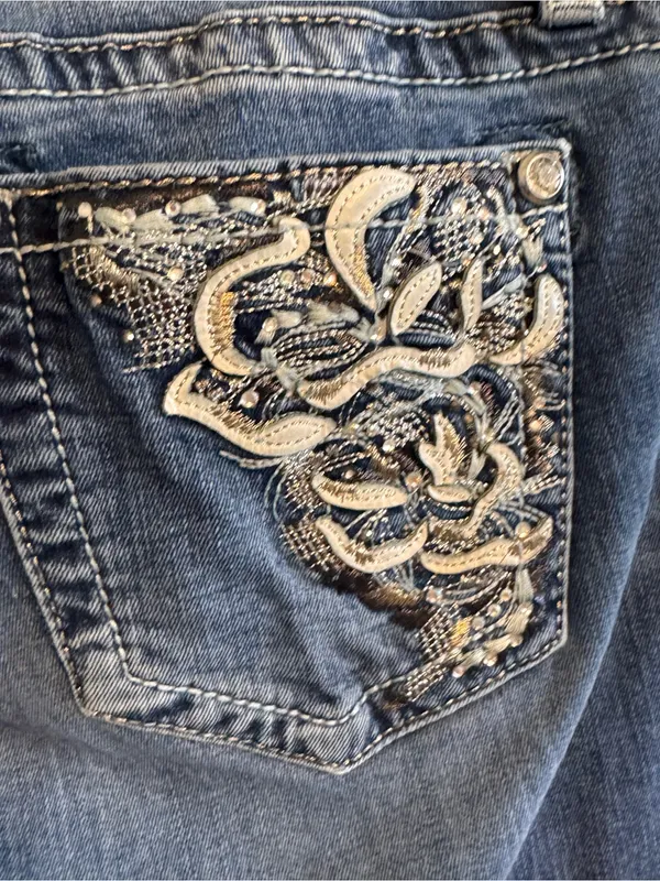 Miss Me Easy Skinny Jeans 29 Mid Rise Rhinestone Embroidered Y2K Blue - Image 8