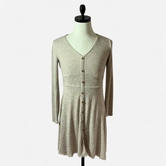 American Rag Ribbed Knit Button Front Dress Womens M Tan Boho Fit Flare Raw Hem - Image 2
