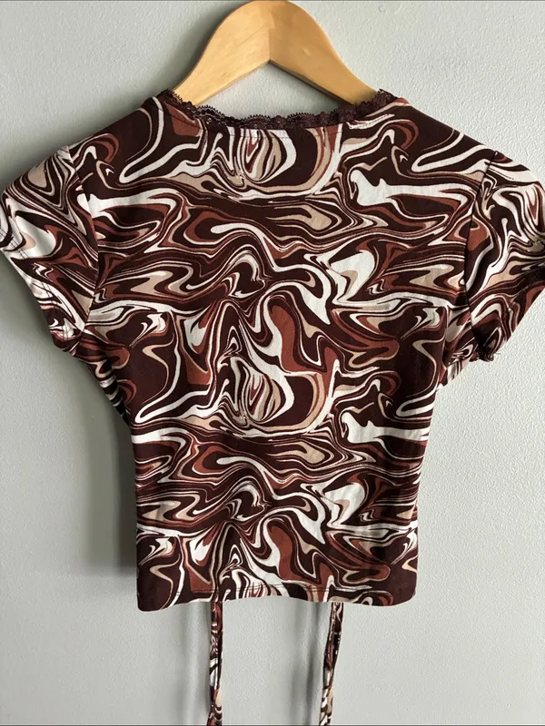 Almost Famous Y2K Brown Marble Print Ruched Crop Top Size M - Image 5