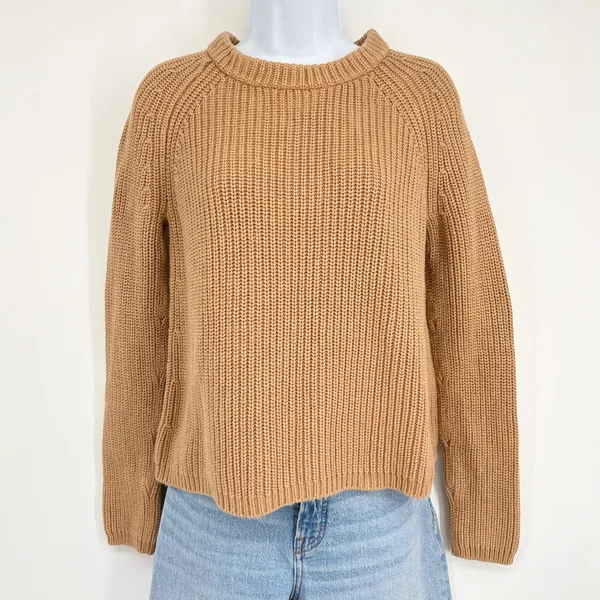 Quince Fisherman Crew Sweater Women XS Camel 100% Organic Cotton Ribbed Knit Top - Image 2