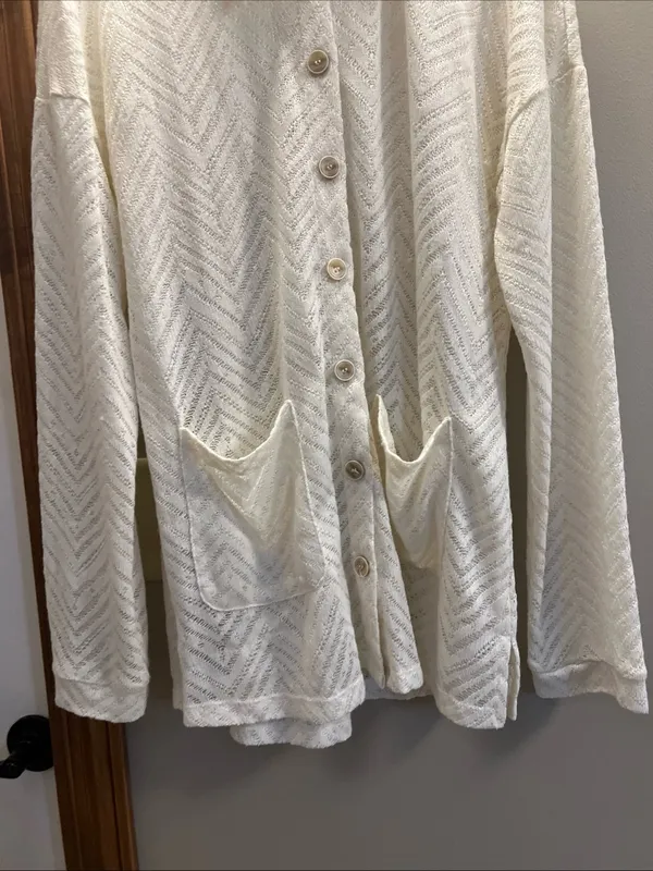 Mystree Cream Lightweight Open Knit Button Cardigan - Image 4