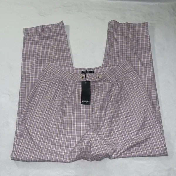 NWT Nasty Gal Sz 10 High Waisted Tapered Check Pants In Lilac - Image 5