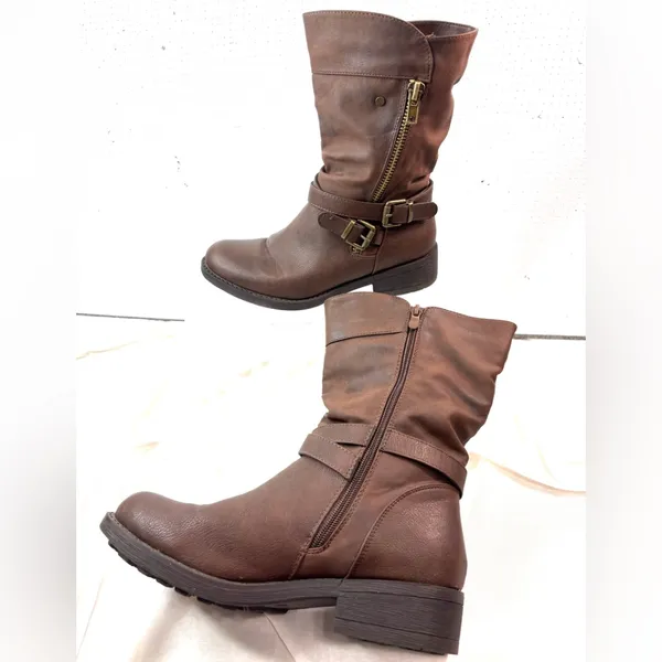 Global Win 9 Women's Brown Faux Leather Slouch Buckle Zip Heeled Boots - Image 2