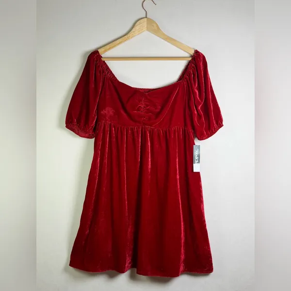 Modcloth Women’s Red Velvet Mini Dress Smocked Puff Sleeve Coquette NWT L - Image 2