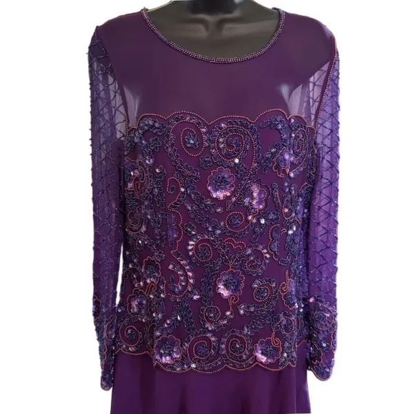 Vtg Adrianna Papell 100% Silk Beaded‎ Maxi Dress Sz 6 Purple Drop Waist Sheer - Image 2