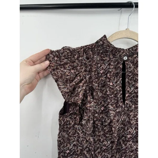 Loft Blouse Women Small Burgundy Floral Ruffle Peasant Cottagecore Prairie Ditsy - Image 8