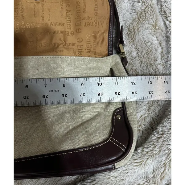Etienne Aigner Purse~ Beige Linen Blend~Burgundy Trim~Snap Close Gold Hardware - Image 15