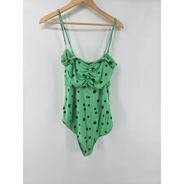 Free People Bodysuit Women Large Green Daisy Floral Intimately Ruched Sweetheart - Image 2