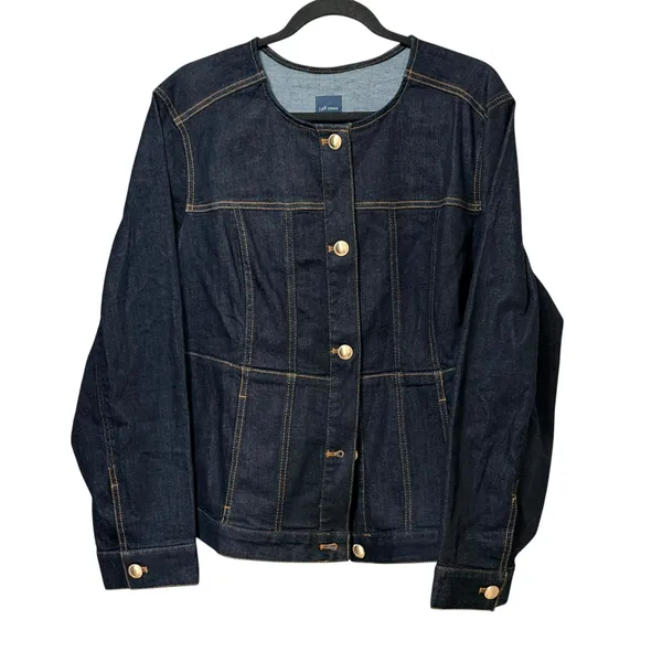 J. Jill Denim Jacket Womens XL Indigo Blue Collarless Gold Button Stretch XL - Image 3